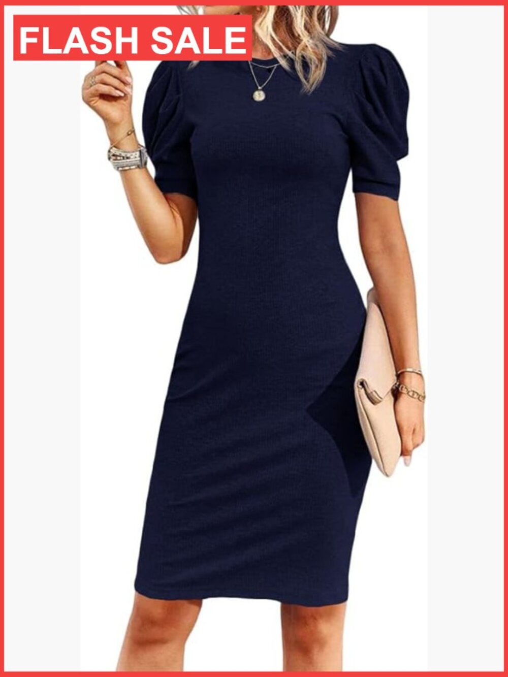 Puff Sleeve Bodycon Work Dress Crew Neck Business Casual Office Pencil Dress